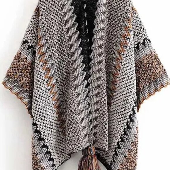 2/$40 Ethnic Striped Grey Sweater Cardigan Tassel Pullover Shawl Poncho Winter - Picture 4 of 5